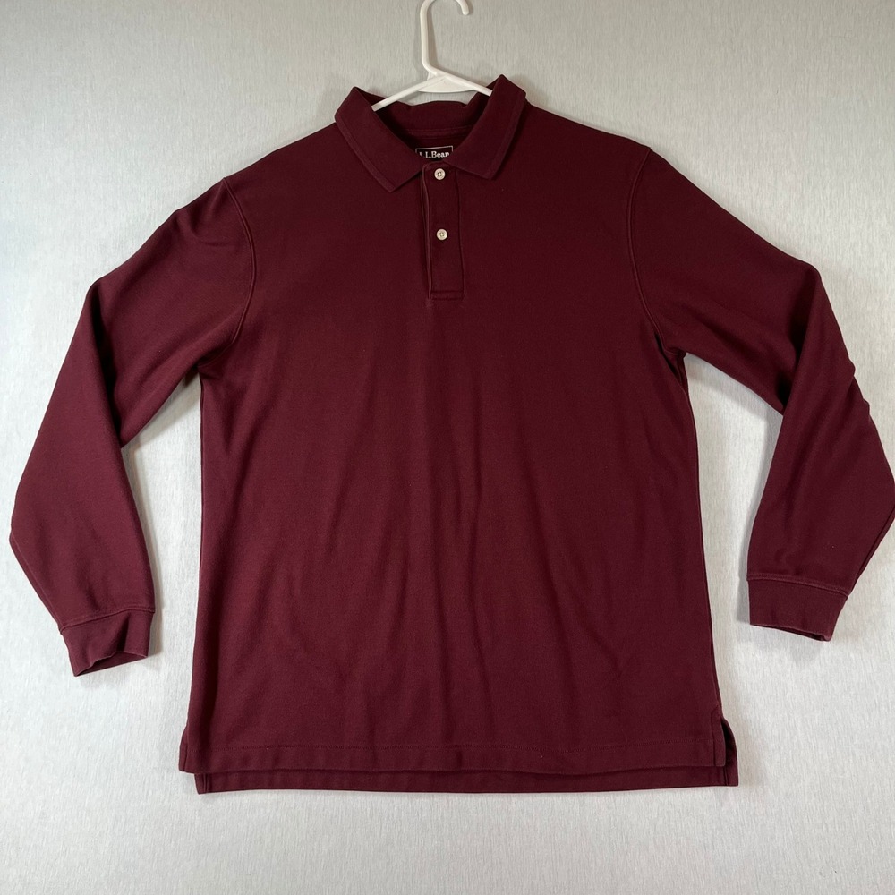 LL Bean Polo Mens Medium Long Sleeve Shirt Burgundy Cotton Pique 300459